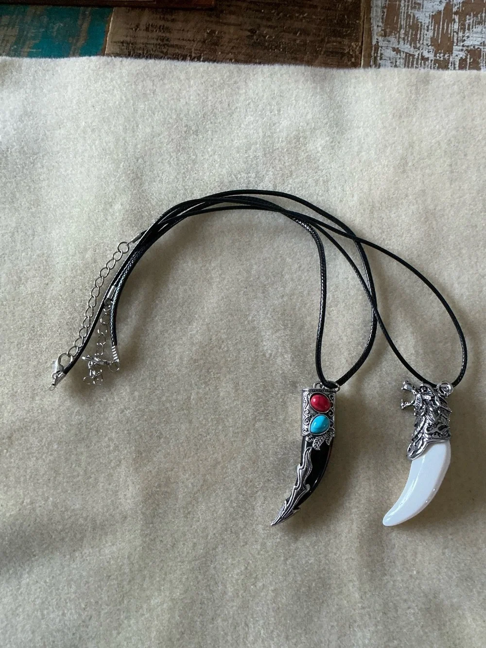 Women’s Black Cord Necklace with Red & Turquoise Accents and White Pendant